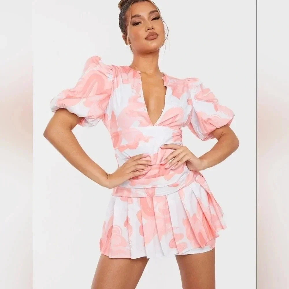 PrettyLittleThing Pink Swirl Print Pleated Waist Puff Sleeve Skater Mini Dress S